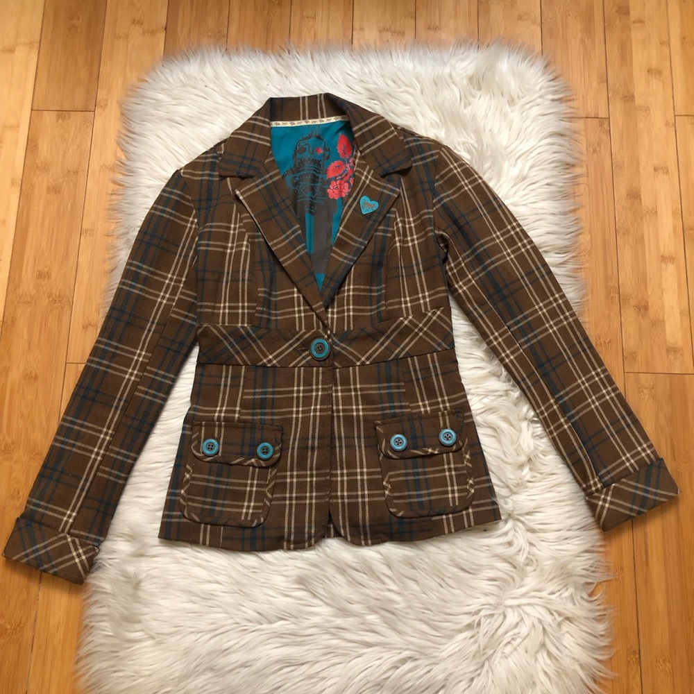 Lost Plaid Stripes Preppy Academic Notched Collar Brown Tan Blazer Jacket size S